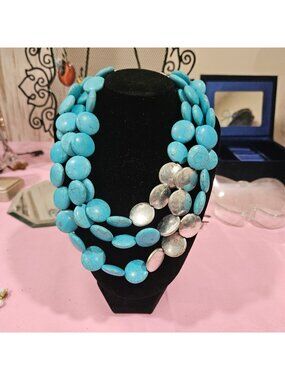 Turquoise & Silver Statement Necklace By Natasha Multi-Strand 16"-18" Adjustable